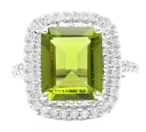 6.30 Carats Natural Peridot and Diamond 14k Solid White Gold Ring