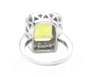 6.30 Carats Natural Peridot and Diamond 14k Solid White Gold Ring