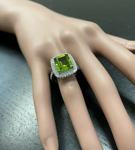 6.30 Carats Natural Peridot and Diamond 14k Solid White Gold Ring