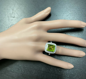6.30 Carats Natural Peridot and Diamond 14k Solid White Gold Ring
