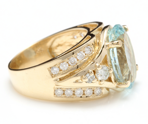 8.30 Ct Natural Aquamarine and Diamond 18k Solid Yellow Gold Ring