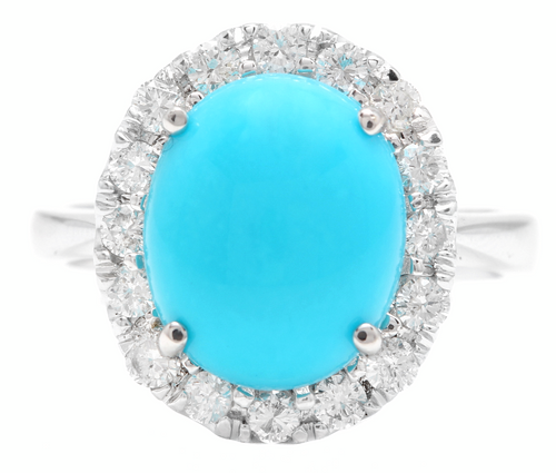 7.65 Carats Natural Turquoise and Diamond 18k Solid White Gold Ring