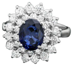 3.10 Carats Natural Blue Sapphire and Diamond 14K Solid White Gold Ring