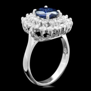 3.10 Carats Natural Blue Sapphire and Diamond 14K Solid White Gold Ring