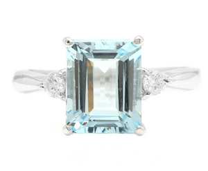 3.28 Carats Natural Aquamarine and Diamond 14k Solid White Gold Ring