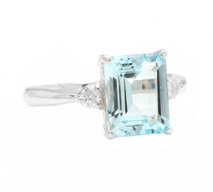 3.28 Carats Natural Aquamarine and Diamond 14k Solid White Gold Ring