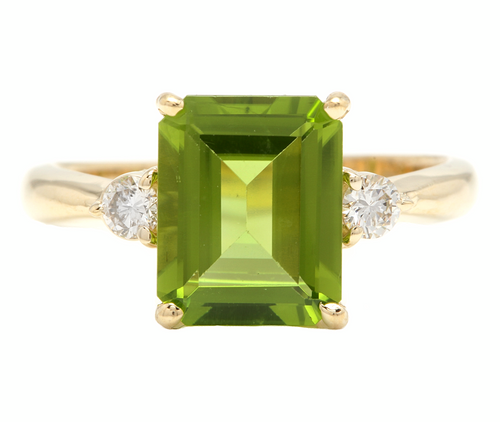 3.18 Carats Natural Peridot and Diamond 14k Solid Yellow Gold Ring
