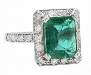 4.60ct Natural Emerald & Diamond 14k Solid White Gold Ring