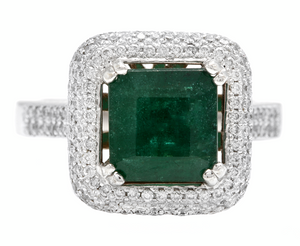 3.45ct Natural Emerald & Diamond 14k Solid White Gold Ring