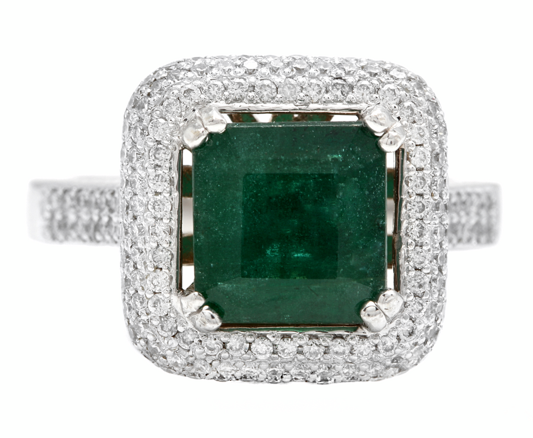 3.45ct Natural Emerald & Diamond 14k Solid White Gold Ring