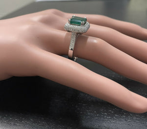 3.45ct Natural Emerald & Diamond 14k Solid White Gold Ring