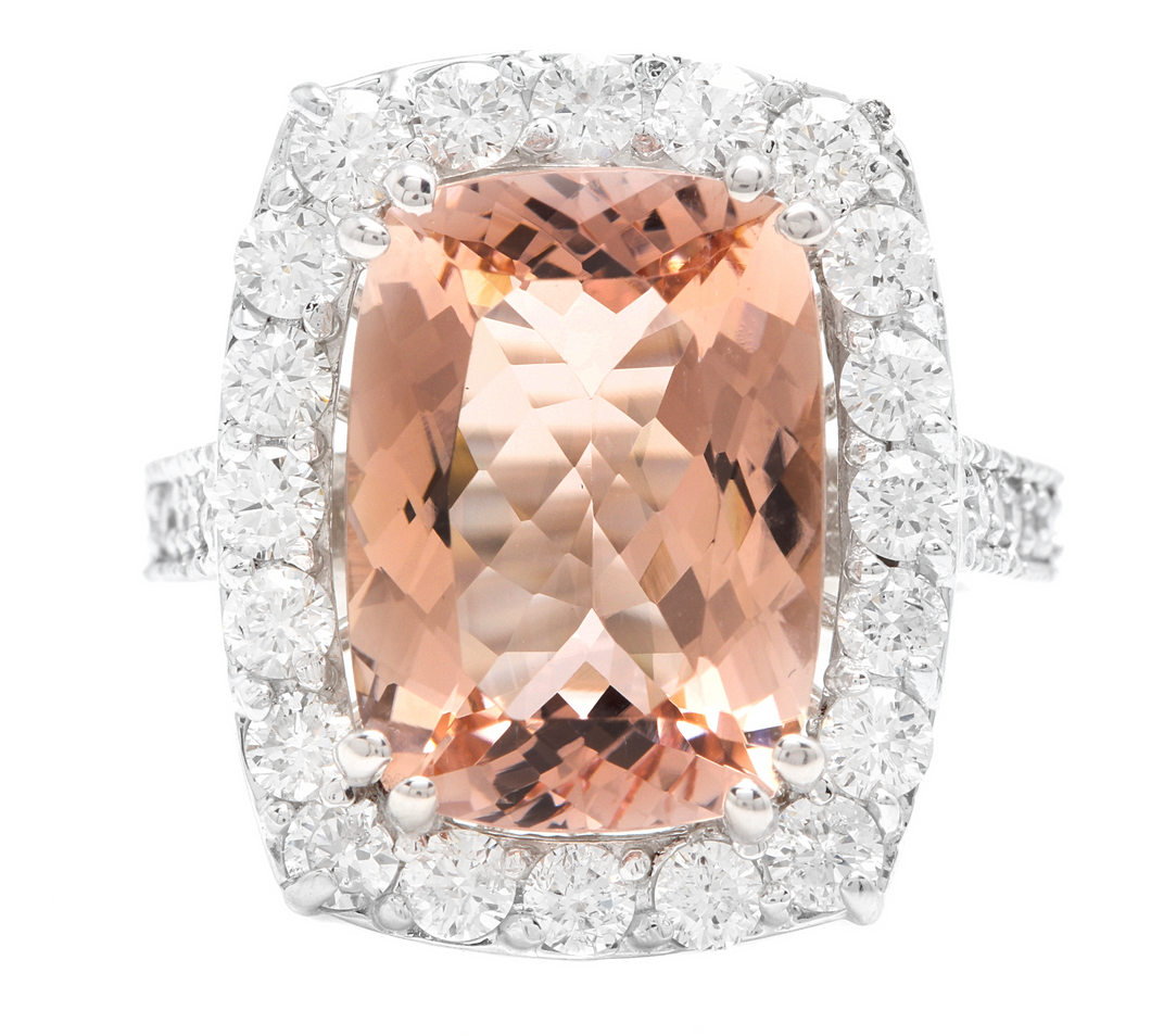 8.20 Carats Natural Morganite and Diamond 14k Solid White Gold Ring