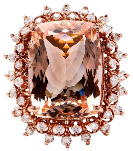 19.20 Carats Exquisite Natural Peach Morganite and Diamond 14K Solid Rose Gold Ring
