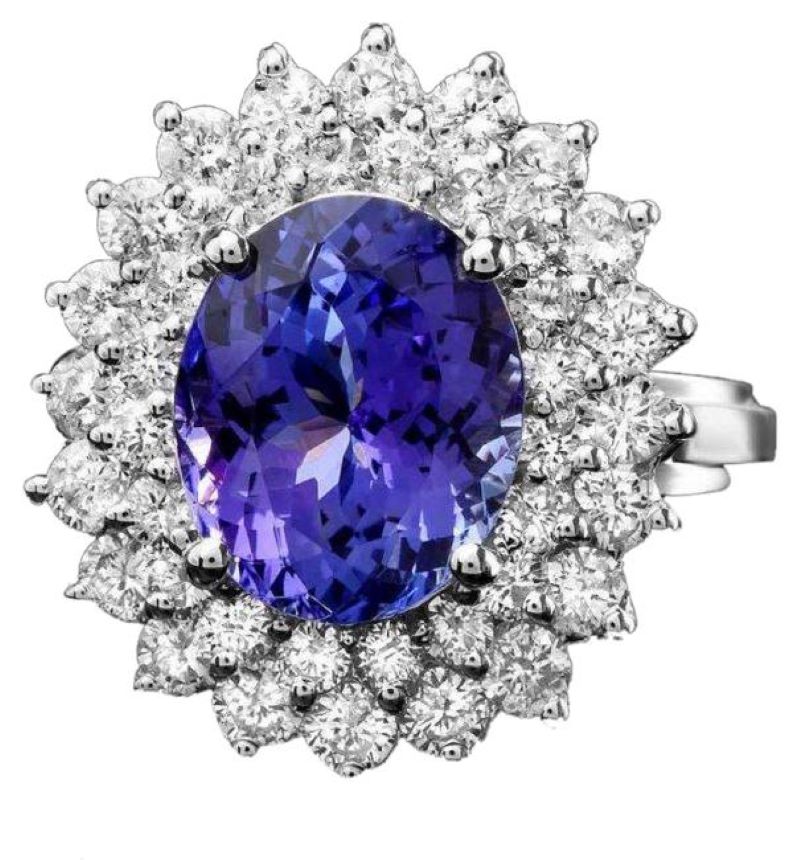 5.20 Carats Natural Tanzanite and Diamond 14K Solid White Gold Ring