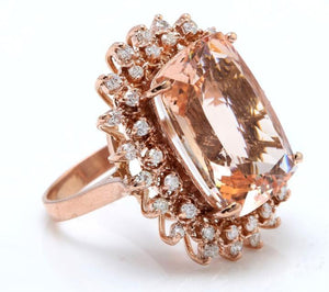 19.20 Carats Exquisite Natural Peach Morganite and Diamond 14K Solid Rose Gold Ring