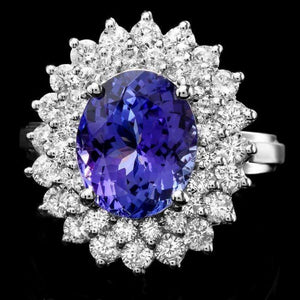 5.20 Carats Natural Tanzanite and Diamond 14K Solid White Gold Ring
