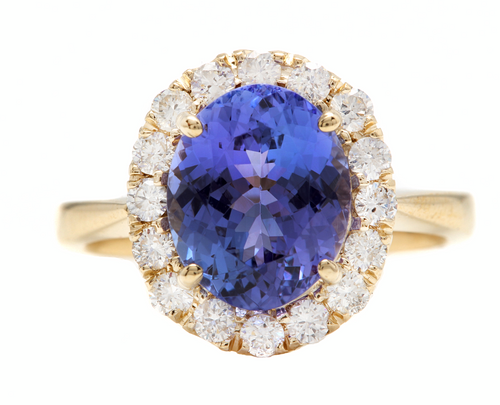 3.70 Carats Natural Tanzanite and Diamond 14K Solid Yellow Gold Ring