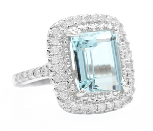 Heavy 5.80 Carats Natural Aquamarine and Diamond 14K Solid White Gold Ring