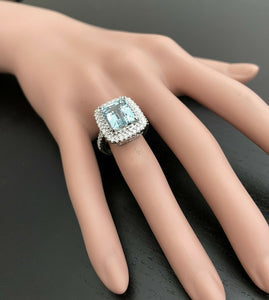 Heavy 5.80 Carats Natural Aquamarine and Diamond 14K Solid White Gold Ring