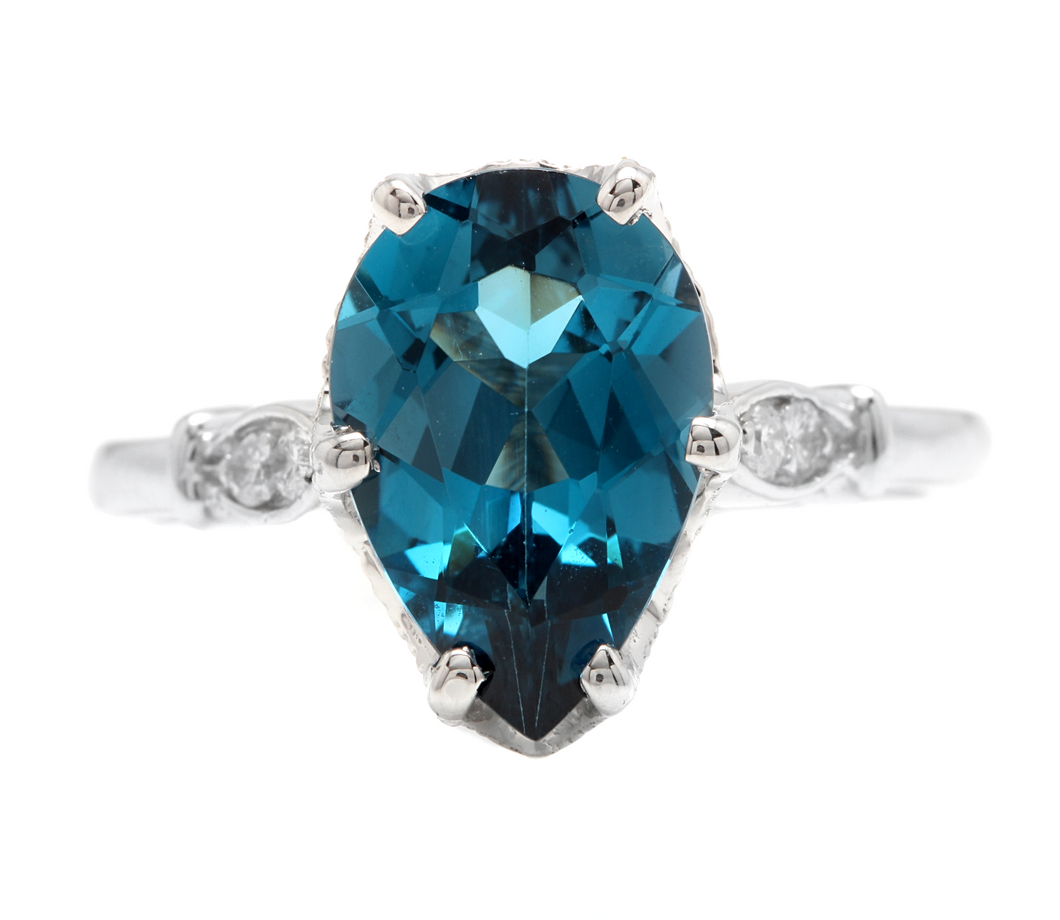 4.08 Carats Natural London Blue Topaz and Diamond 14K White Gold Ring