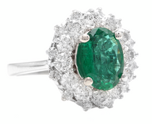 Load image into Gallery viewer, 4.10Ct Natural Emerald &amp; Diamond 18K Solid White Gold Ring