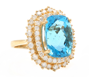 14.60 Carats Natural Swiss Blue Topaz & Diamond 14K Solid Yellow Gold Ring