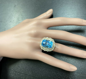 14.60 Carats Natural Swiss Blue Topaz & Diamond 14K Solid Yellow Gold Ring