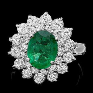 3.30Ct Natural Emerald & Diamond 14K Solid White Gold Ring
