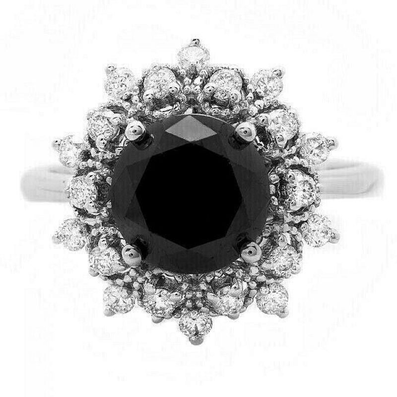 2.70Ct Natural Black and White Diamond 14K Solid White Gold Ring