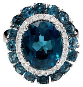 8.45 Carats Natural Impressive London Blue Topaz and Diamond 14K White Gold Ring