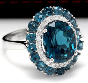 8.45 Carats Natural Impressive London Blue Topaz and Diamond 14K White Gold Ring