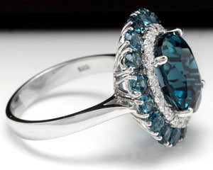 8.45 Carats Natural Impressive London Blue Topaz and Diamond 14K White Gold Ring