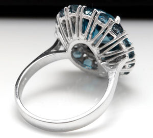 8.45 Carats Natural Impressive London Blue Topaz and Diamond 14K White Gold Ring