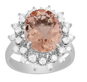 5.20 Carats Natural Morganite and Diamond 14k Solid White Gold Ring