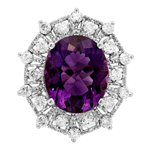 10.20 Carats Natural Amethyst and Diamond 14k Solid White Gold Ring