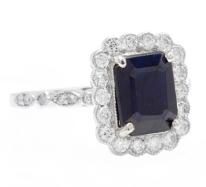 3.60 Carats Natural Sapphire and Diamond 14k Solid White Gold Ring
