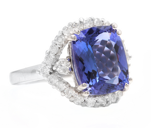 6.00 Carats Natural Tanzanite and Diamond 18k Solid White Gold Ring