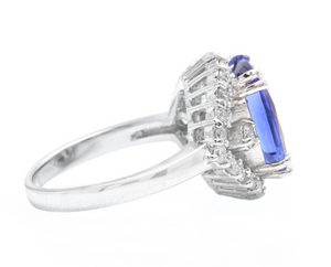 6.00 Carats Natural Tanzanite and Diamond 18k Solid White Gold Ring