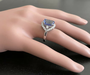 6.00 Carats Natural Tanzanite and Diamond 18k Solid White Gold Ring