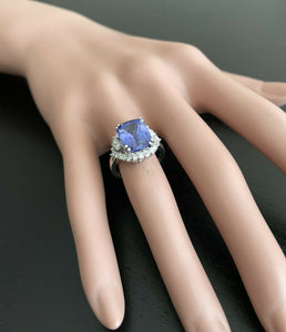 6.00 Carats Natural Tanzanite and Diamond 18k Solid White Gold Ring