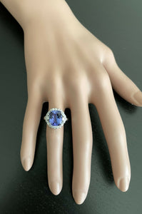 6.00 Carats Natural Tanzanite and Diamond 18k Solid White Gold Ring