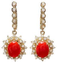 Load image into Gallery viewer, Exquisite 5.60 Carats Natural Coral and Diamond 14K Solid Yellow Gold Earrings