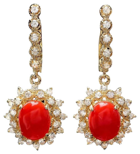 Exquisite 5.60 Carats Natural Coral and Diamond 14K Solid Yellow Gold Earrings