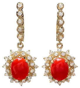 Exquisite 5.60 Carats Natural Coral and Diamond 14K Solid Yellow Gold Earrings