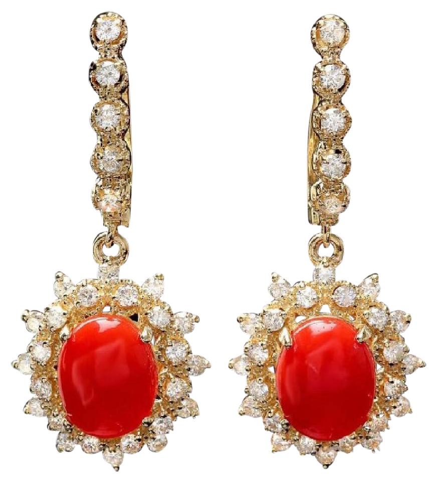 Exquisite 5.60 Carats Natural Coral and Diamond 14K Solid Yellow Gold Earrings