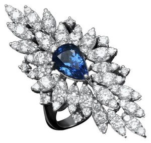 5.80 Carats Natural Blue Sapphire and Diamond 14K Solid White Gold Ring