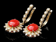 Load image into Gallery viewer, Exquisite 5.60 Carats Natural Coral and Diamond 14K Solid Yellow Gold Earrings