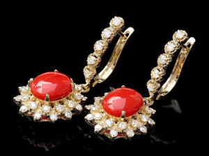 Exquisite 5.60 Carats Natural Coral and Diamond 14K Solid Yellow Gold Earrings