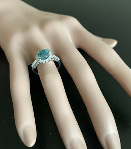 4.75 Carats Natural Blue Zircon and Diamond 14k Solid White Gold Ring