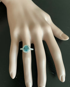 4.75 Carats Natural Blue Zircon and Diamond 14k Solid White Gold Ring